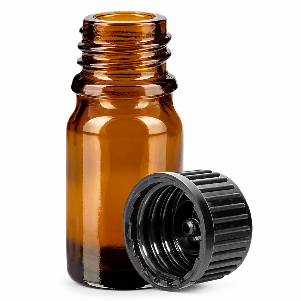 Frasco boticario pequeño de 5 ml de vidrio marrón con tapón estriado para medicamentos