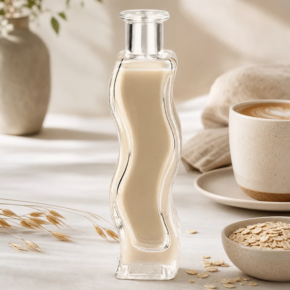 Botella de vidrio de 100 ml «Melissa» sin tapón UNiTWIST® Glasflasche Melissa 100ml mit cremiger Flüssigkeit in elegantem Wellness-Setting mit Haferflocken und Kaffeetasse