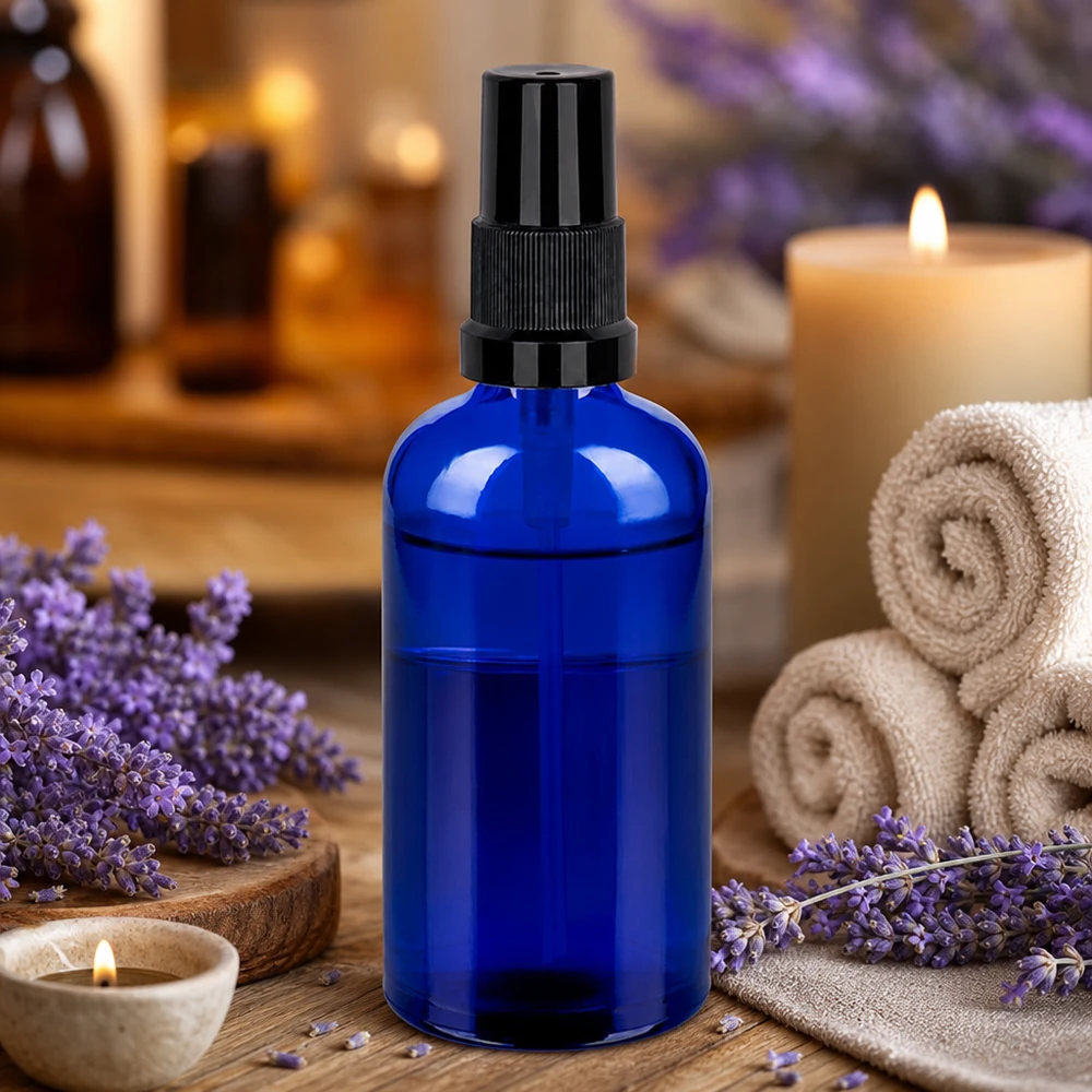 Frasco pulverizador de 100 ml negro con tapón estándar BlueLine UT18/100 Frasco pulverizador de 100 ml de vidrio azul de alta calidad - STD BlueLine UT18/100 para aromaterapia