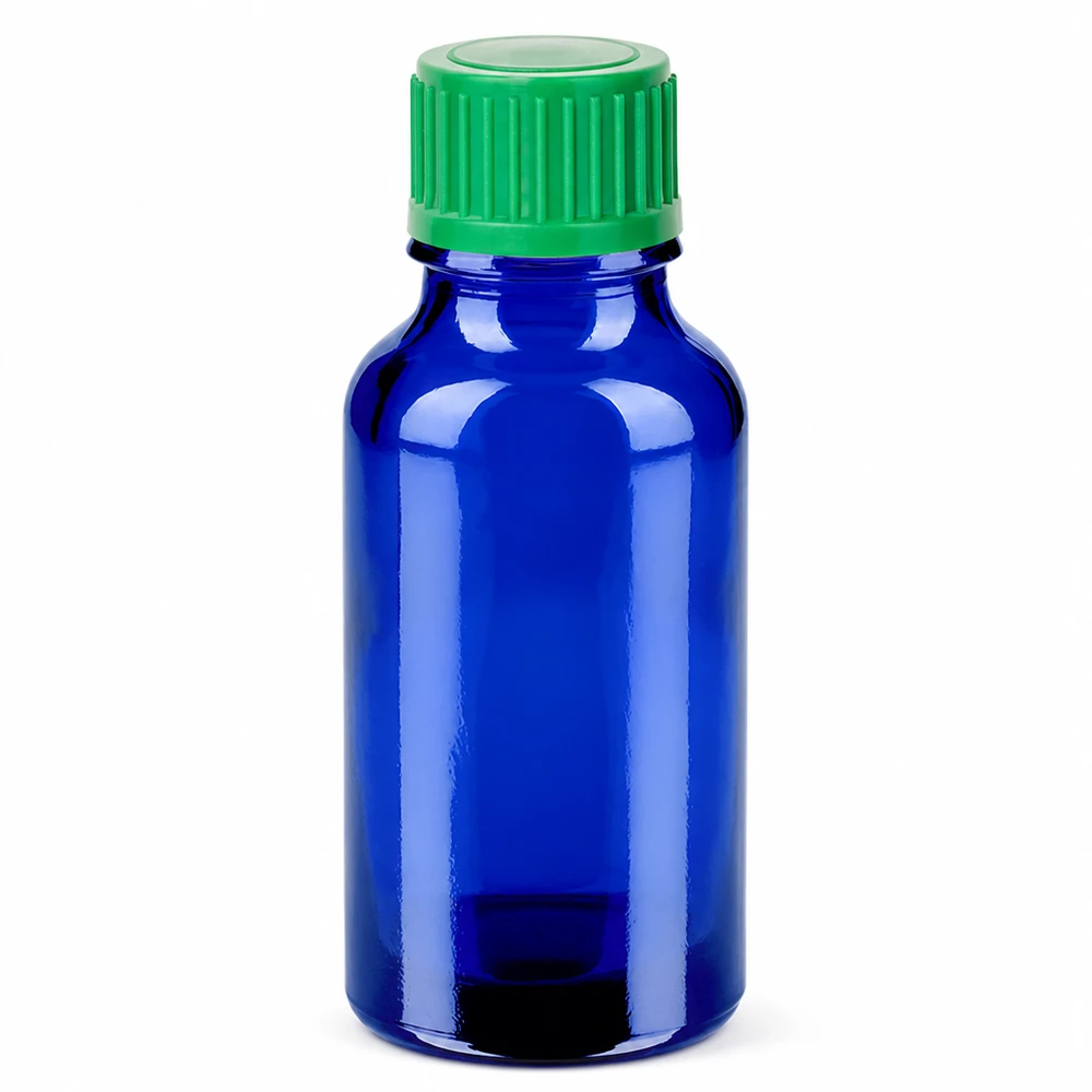 Frasco de vidrio azul de 20 ml con tapón cuentagotas verde para la dosificación precisa de productos farmacéuticos