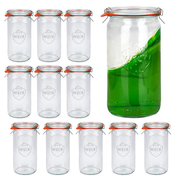 Juego de 12 tarros cilíndricos Weck de 340ml con 12 tapas de cristal Juego de 12 tarros cilíndricos Weck de 340ml con 12 tapas de cristal
