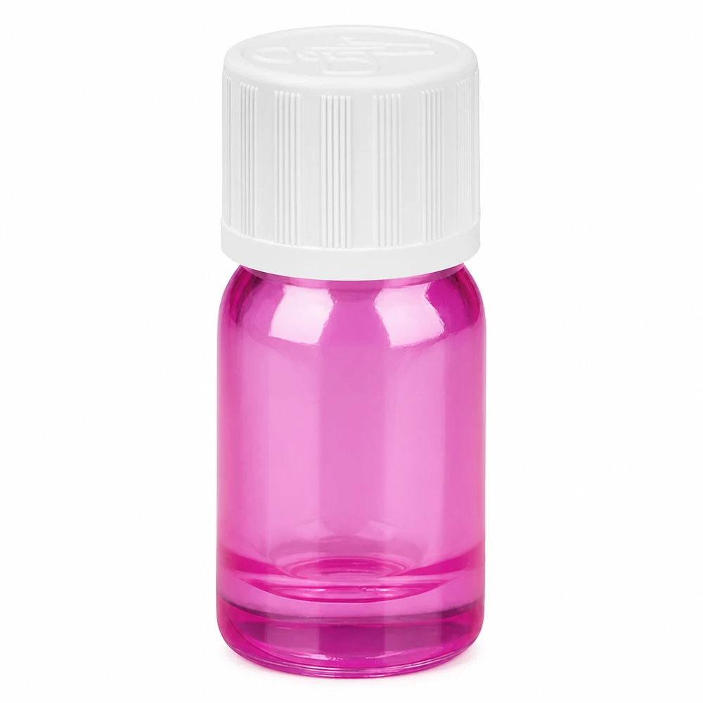 Frasco de vidrio de 5 ml de color violeta brillante con tapón de rosca blanco para cosmética y aromaterapia