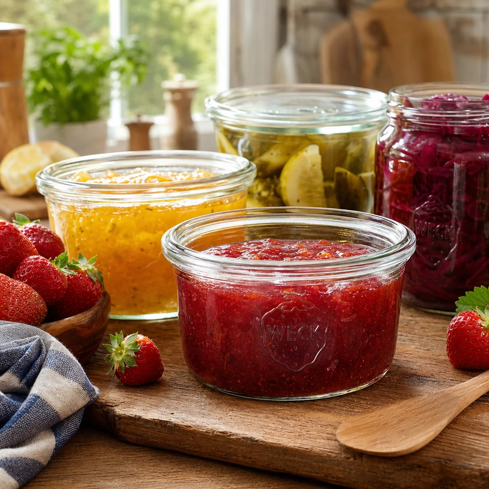 Tarro de cristal de 165 ml WECK RR80 Tarro WECK 165ml RR80 con mermelada de fresa sobre una tabla de madera junto a otros tarros de conserva con mermelada y fresas frescas.