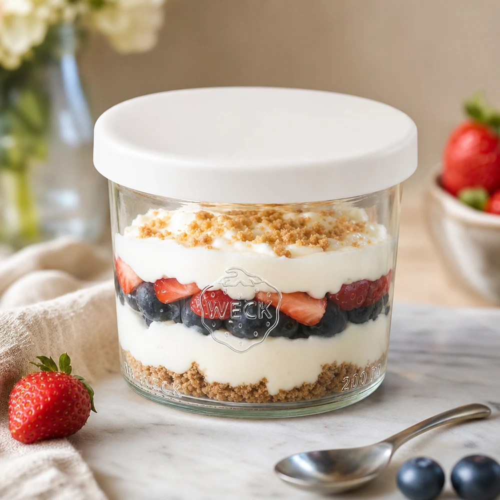 WECK vasos 200ml RR80 con capas postre bayas yogur tapa silicona blanco tarro postre para postres dulces