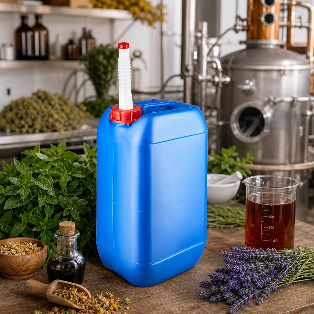 Bidón de plástico azul de 15 litros con tubo de salida flexible, situado entre las hierbas frescas y el alambique