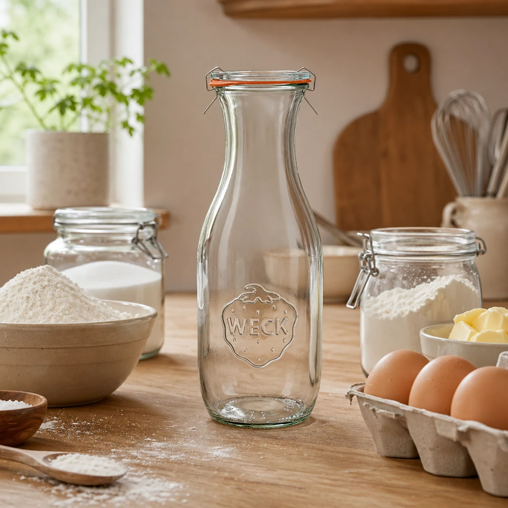 WECK botella de zumo 1062ml RR60 vacía en cocina rústica con ingredientes para hornear harina huevos y utensilios de cocina