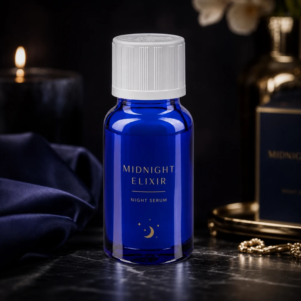 Sérum nocturno Midnight Elixir en frasco cuentagotas de 10 ml de cristal de farmacia azul cobalto sobre una base de mármol