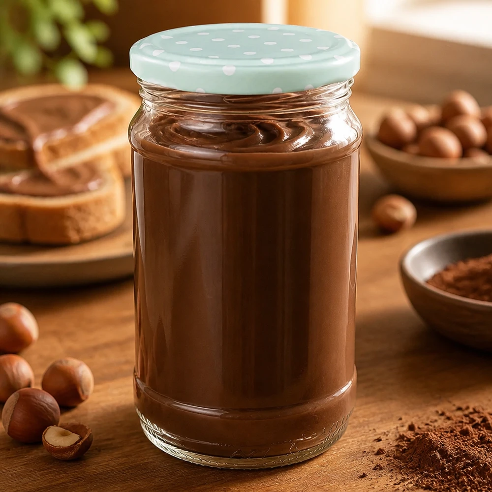 Crema de chocolate para untar en un tarro redondo de cristal UNiTWIST de 370 ml con tapa BasicSeal de color verde menta, junto a unas avellanas