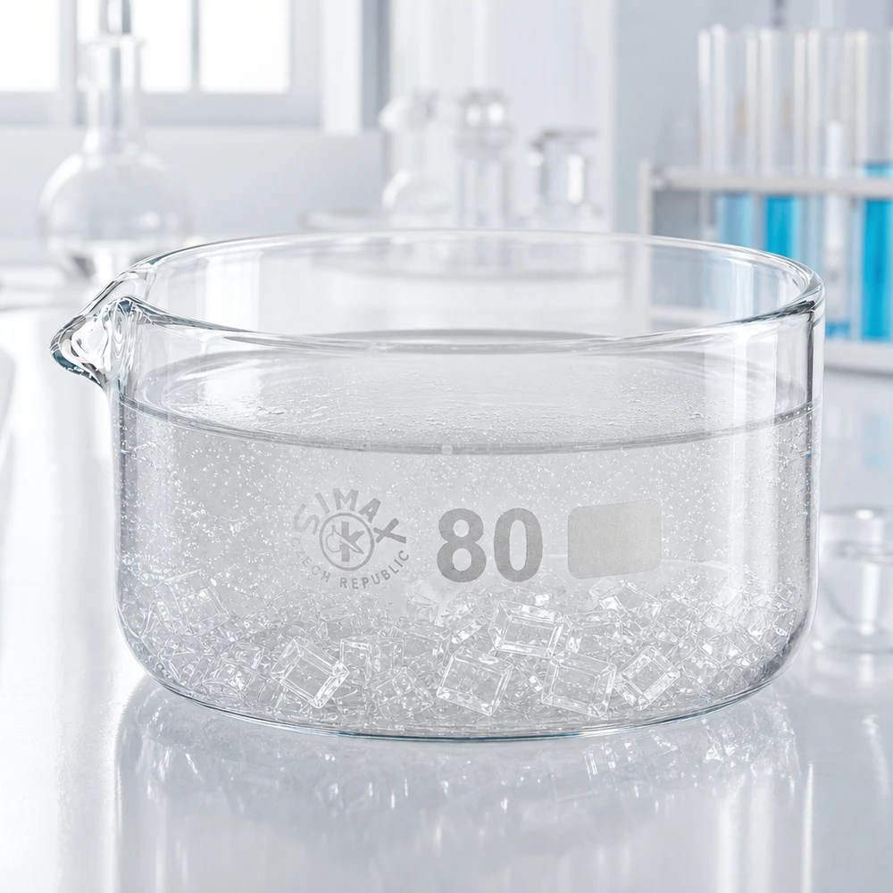 Cubeta de cristalización 150ml con pico borosilicato ø80mm Recipiente de cristalización plano de 150 ml con cubitos de hielo y pico vertedor, de vidrio de laboratorio transparente, ø 80 mm