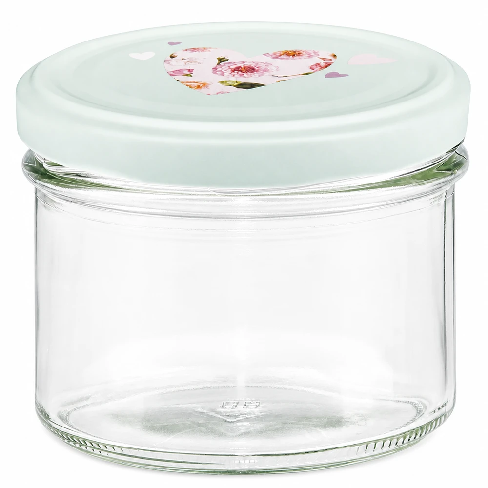 Vasos de 225 ml con tapa BasicSeal en color menta con motivo de corazón de vidrio transparente para mermeladas y conservas