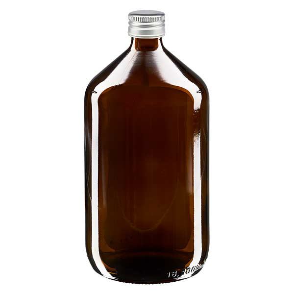 Frasco para medicamentos de 1000 ml, marrón, con tapón de aluminio plateado ApoGlas Frasco para medicamentos de 1000 ml, marrón, con tapón de aluminio plateado ApoGlas