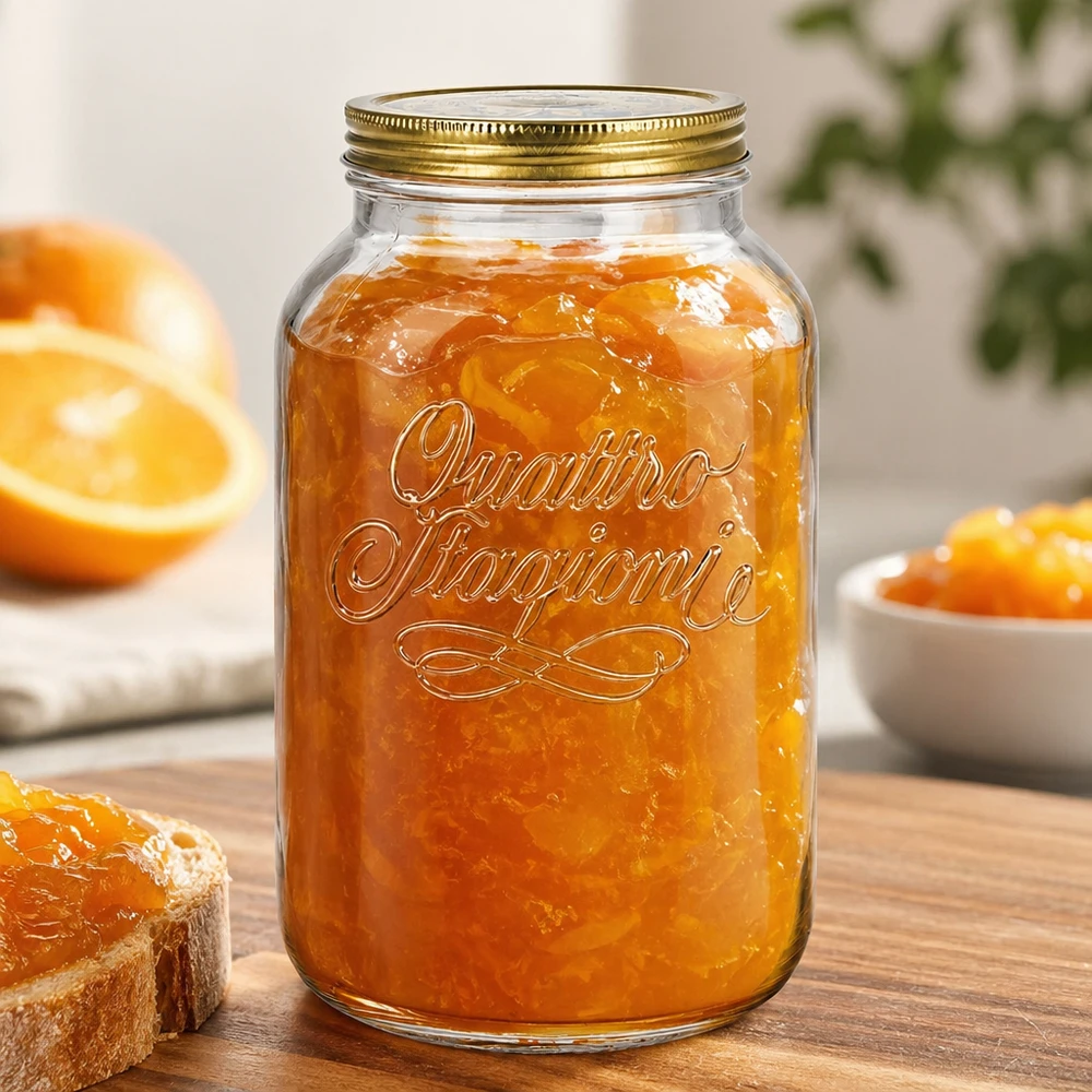 Tarro redondo "Quattro Stagioni" de 3800ml con tapa. Tarro de conserva Quattro Stagioni 3800ml lleno de mermelada de naranja sobre una tabla de madera con naranjas frescas y pan