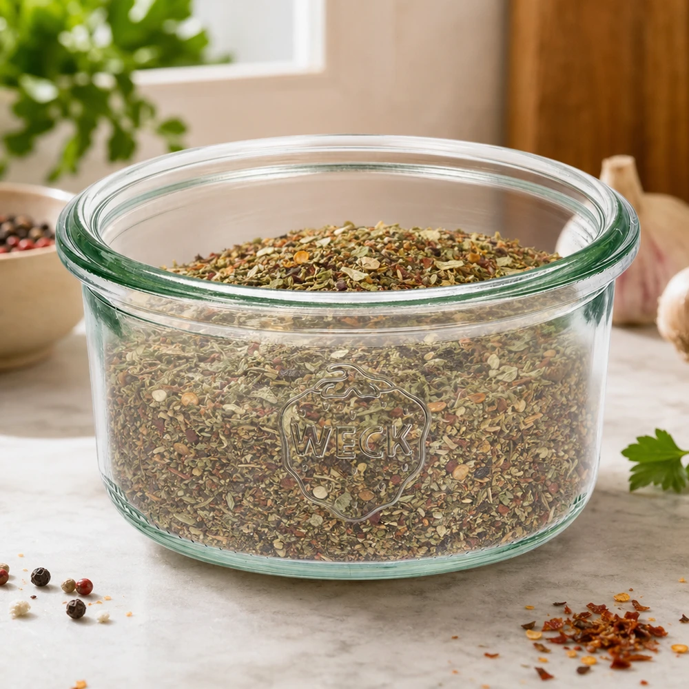 Vasos RR80 WECK de 165 ml llenos de hierbas en una encimera de cocina con especias y plantas de fondo