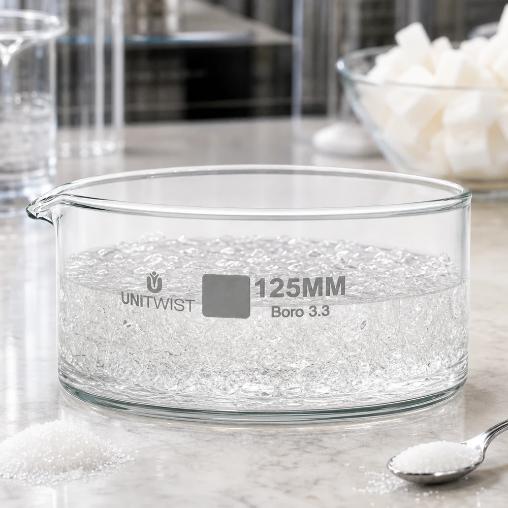 Bandeja de cristalización de 125 mm UNiTWIST Boro 3.3 con cristales de azúcar blancos sobre una superficie de mármol