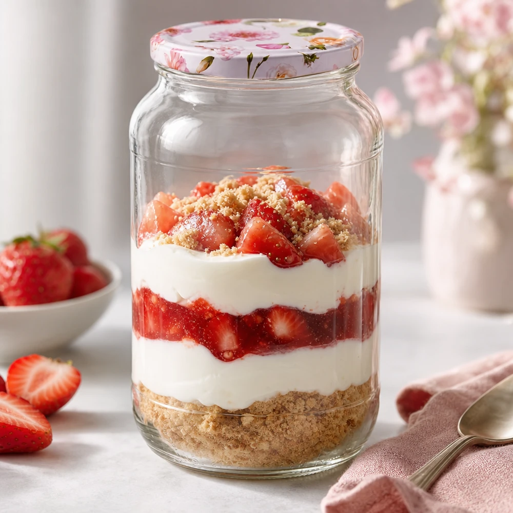 1062ml tarro redondo + tapa BasicSeal flor rosa UNiTWIST Postre en capas en tarro redondo de 1062 ml con tapa de flor rosa Fresas Crema Base de galleta Tapa BasicSeal Postre