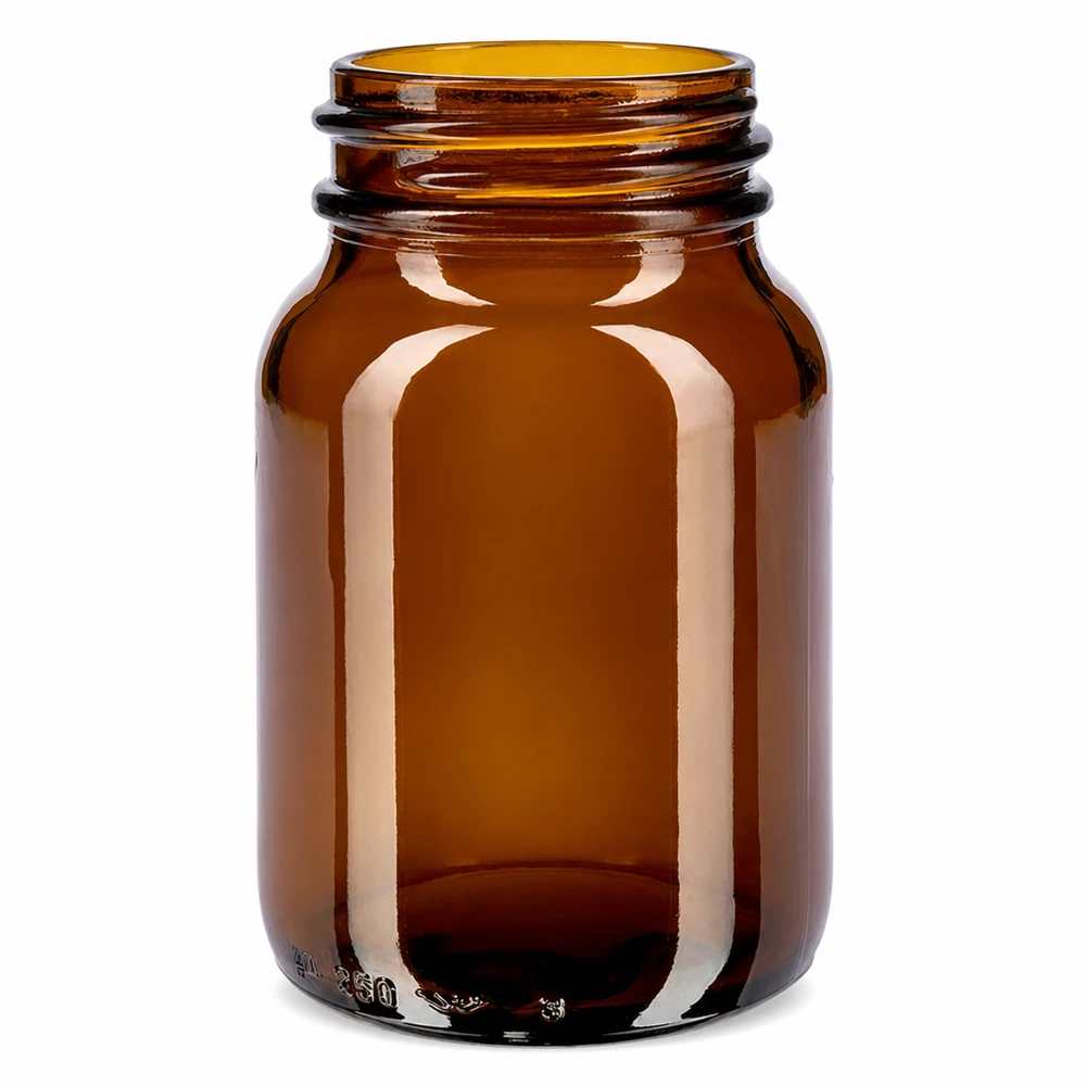 Botella de cuello ancho de 250 ml de vidrio ámbar con gran abertura para facilitar el llenado