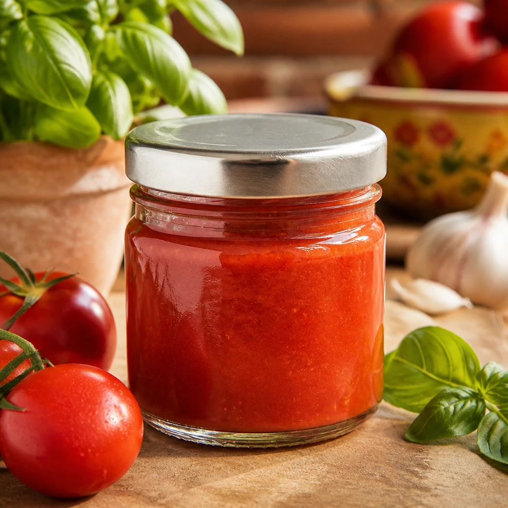 Frasco redondo de cristal de 33 ml + tapa BasicSeal plateada UNiTWIST Frasco redondo de cristal de 33 ml con tapa BasicSeal plateada, lleno de salsa de tomate roja y rodeado de ingredientes frescos