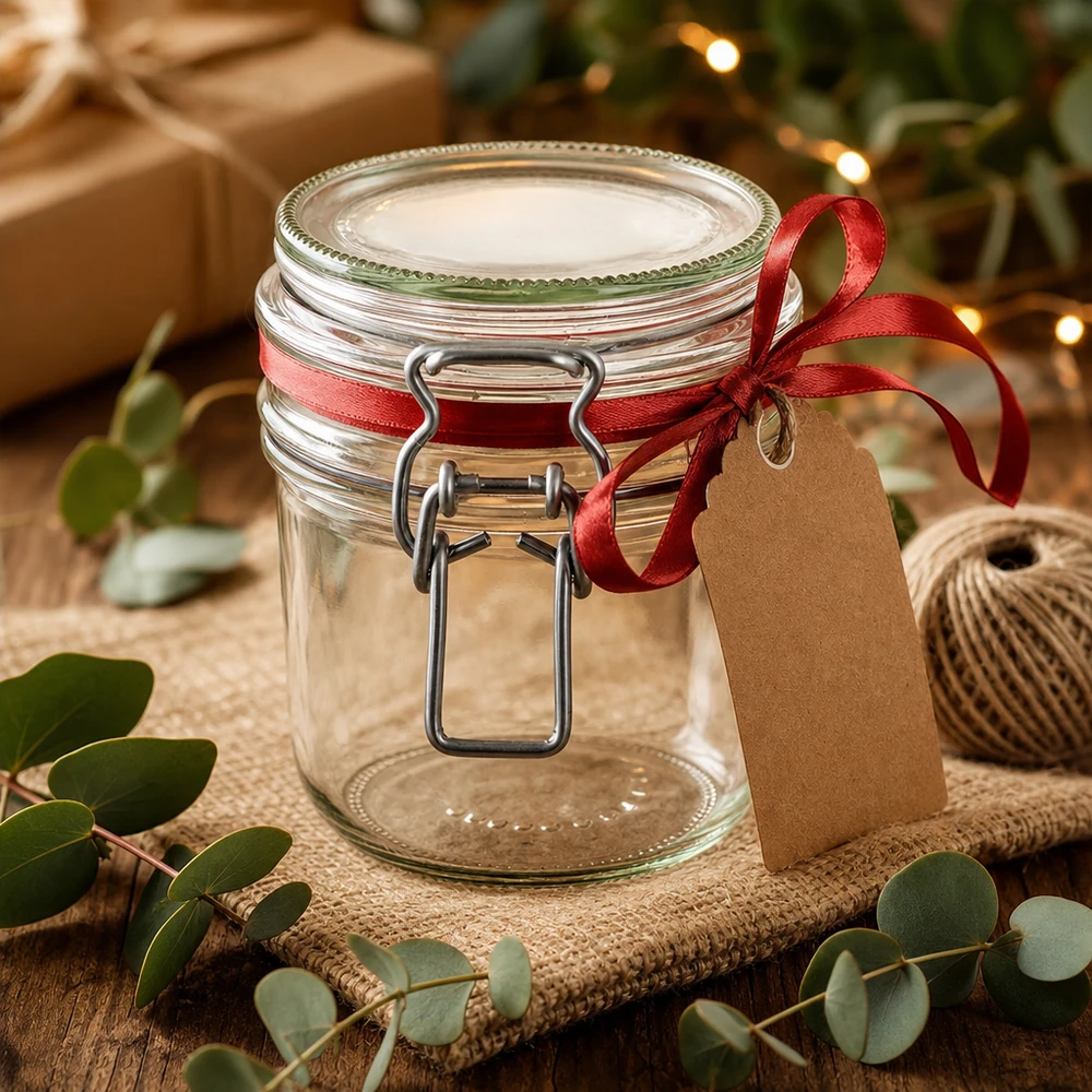 Tarro de cristal de 255 ml, tipo G, con cierre de clip UN... 255ml Vorratsglas mit Bügelverschluss als Geschenkidee mit roter Schleife und Geschenkanhänger dekoriert