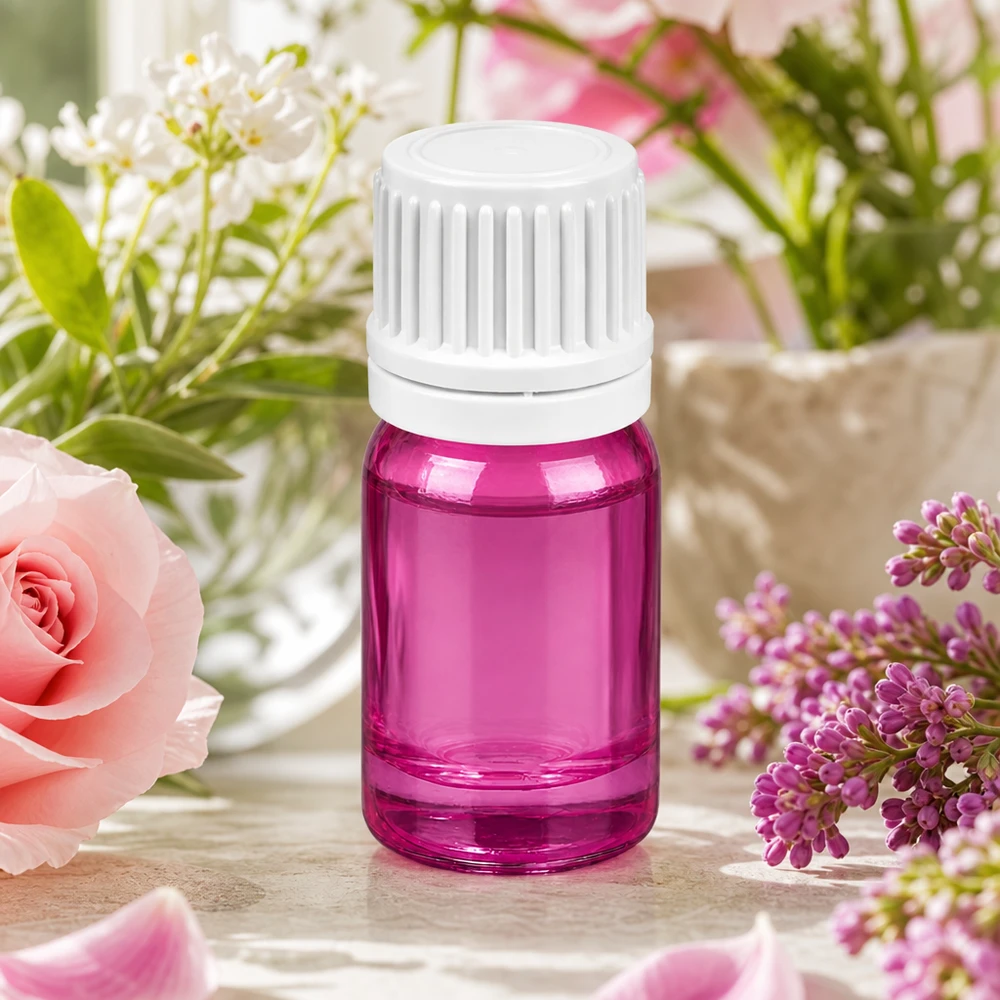 Frasco cuentagotas de 5 ml con abertura dosificadora de 0,7 mm para dispensar gotas con precisión en diseño morado