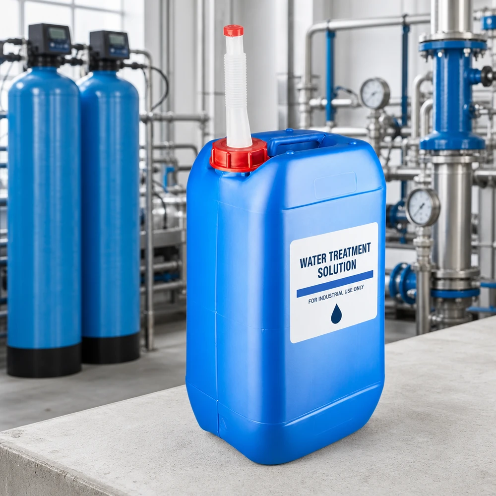 Bidón para tratamiento de agua de 15 litros, azul, con tubo de salida flexible blanco, para uso industrial