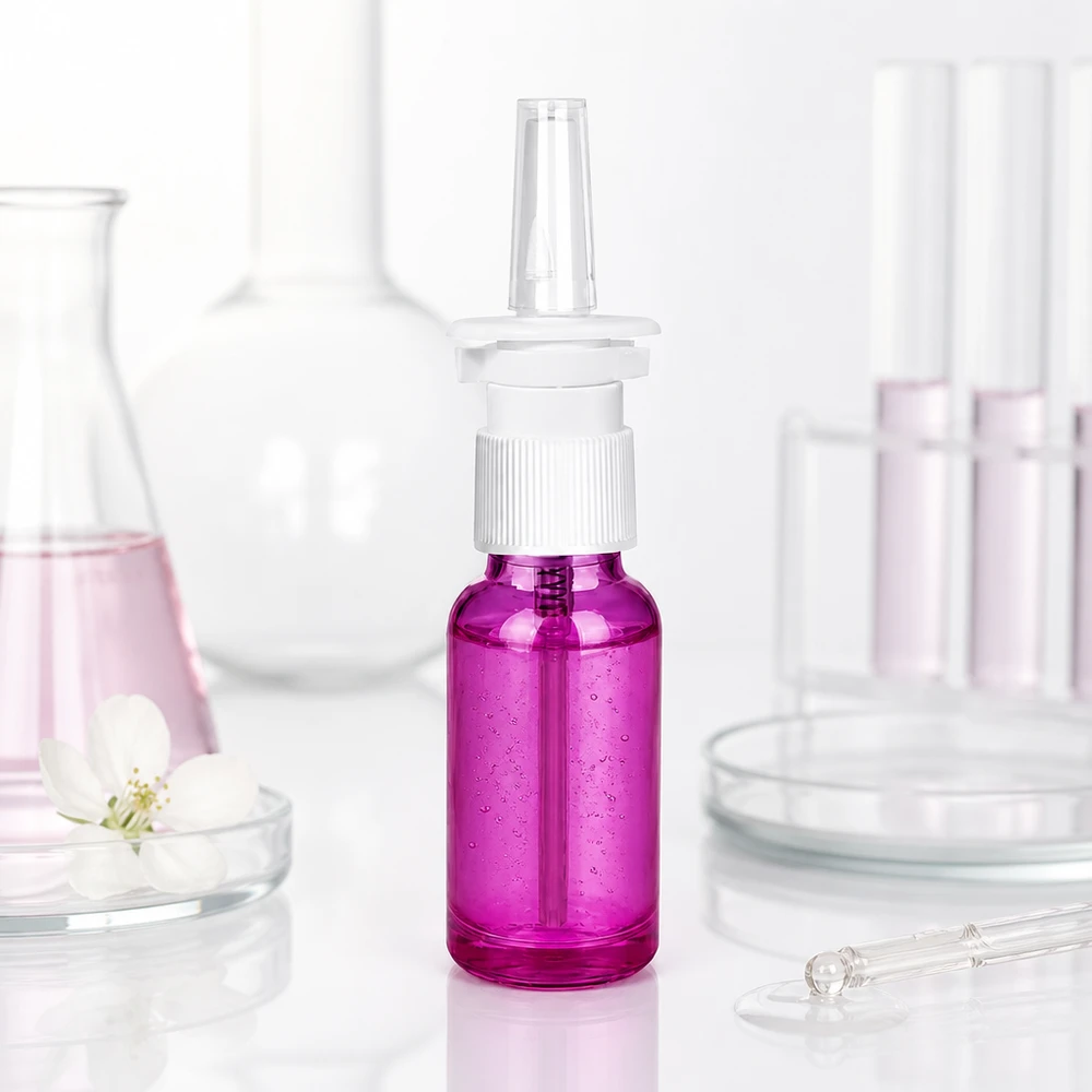 Frasco pulverizador nasal de 20ml blanco/transparente estándar PurpleLine. UT18/20 Pulverizador nasal pequeño de 20 ml de color morado brillante con accesorio pulverizador blanco para una dosificación precisa