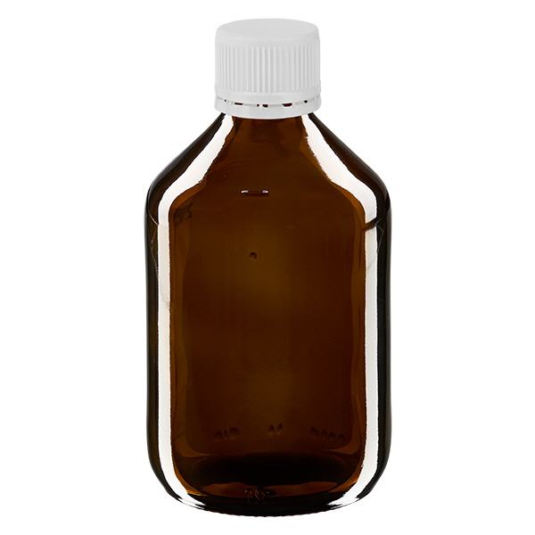 Frasco medicamento 300ml marrón, tapón blanco con precinto de seguridad ApoGlas Frasco medicamento 300ml marrón, tapón blanco con precinto de seguridad ApoGlas