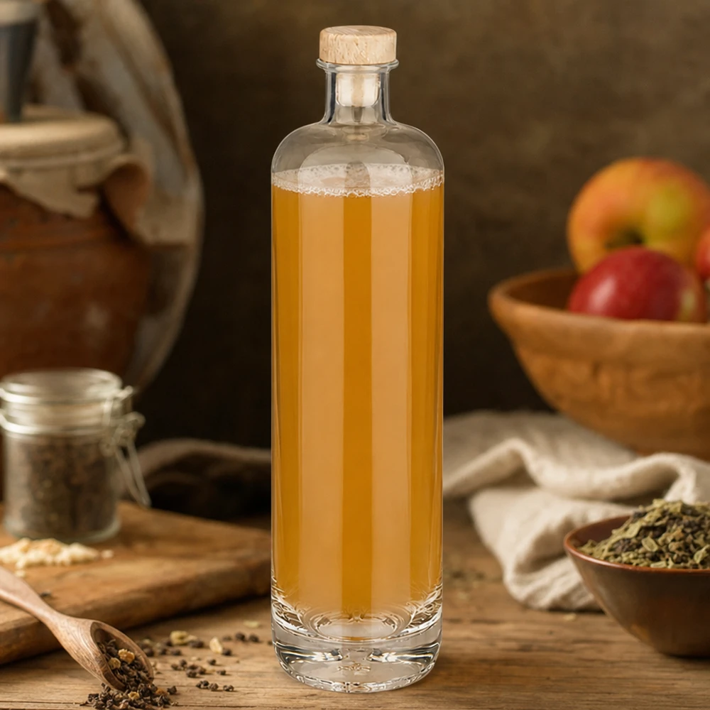 Botella de vidrio de 700 ml «Ella» con tapón de corcho con asa de madera UNiTWIST® Botella de cristal de 700 ml de Ella con tintura dorada y corcho de madera rodeada de especias y fruta en una cocina rústica