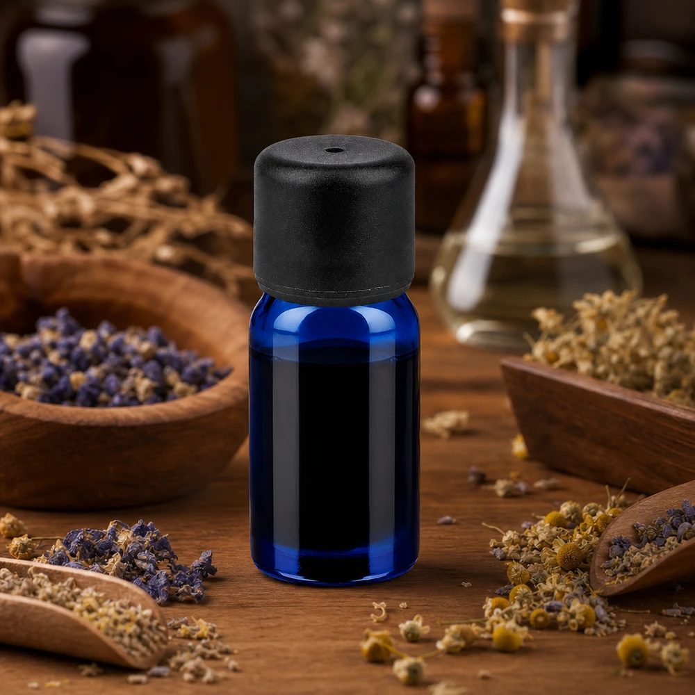 Frasco boticario de 5 ml de vidrio de alta calidad en azul cobalto con tapón negro STD BlueLine