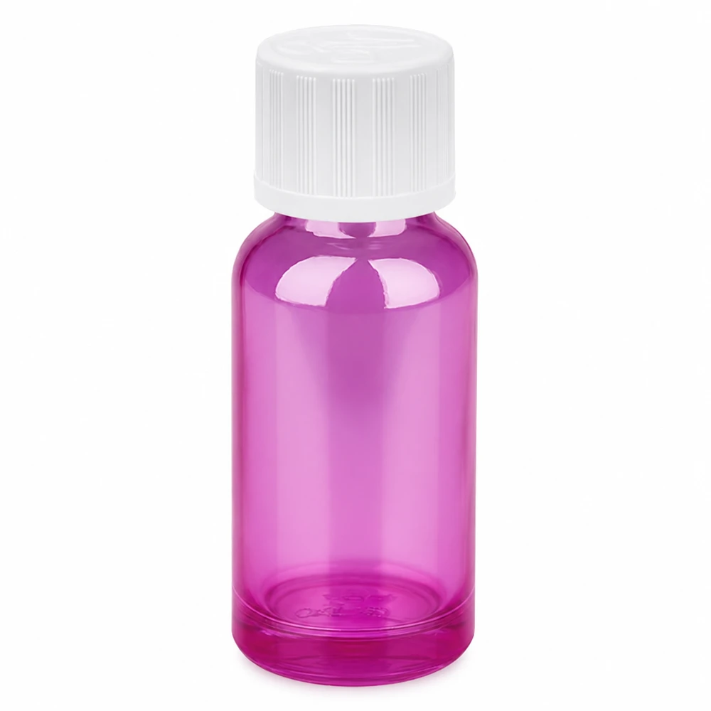 Frasco cuentagotas de 20 ml 1,2 mm blanco estándar a prueba de niños PurpleLine.UT18/20 Frasco cuentagotas de 20 ml púrpura transparente con tapón de rosca blanco para una dosificación precisa