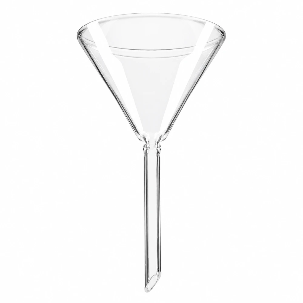Embudo de cal sodada Ø 70 mm, ángulo de 60°, corto Embudo de vidrio de 70 mm de diámetro de vidrio sodocálcico con mango corto para una decantación precisa