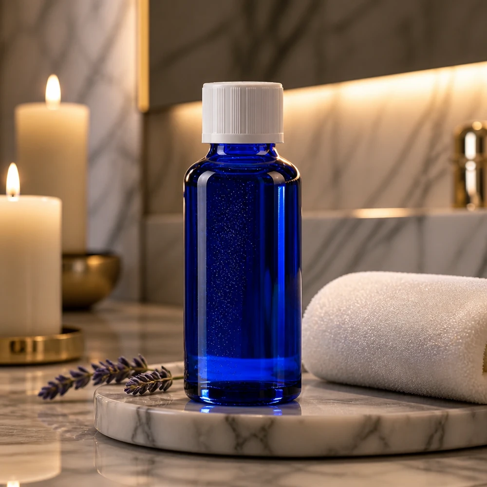 Lujoso frasco de cristal azul cobalto de 30 ml con tapón de seguridad blanco, presentado en una elegante bandeja de mármol