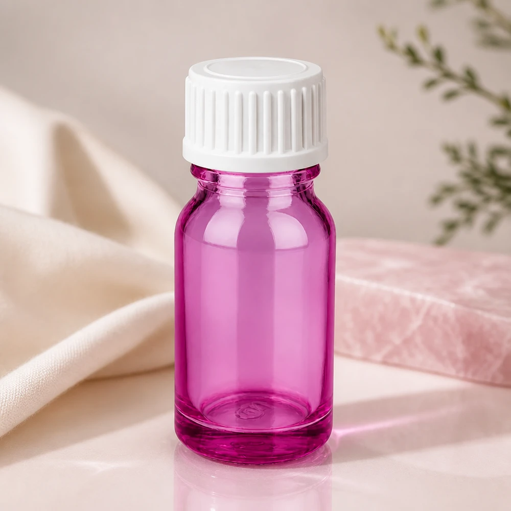 Frasco de 10 ml (glóbulo). Anillo vertedor de 3 mm blanco estándar PurpleLine. UT18/10 Frasco de vidrio compacto de 10 ml en magenta con tapón a prueba de niños para un almacenamiento seguro
