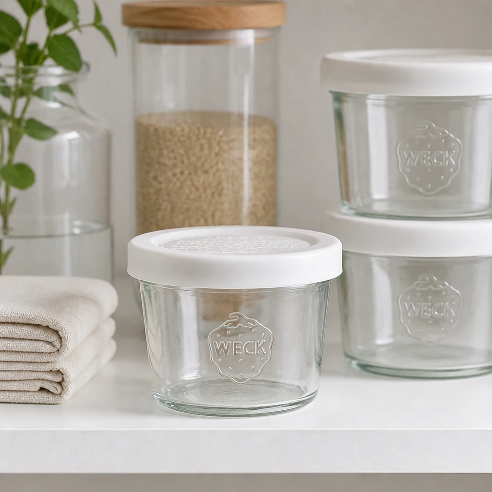 Vasos de 35ml con tapa de frescura WECK RR40 Vasos RR40 de 35 ml de WECK en una moderna estantería de cocina con otros tarros de almacenamiento, una solución de almacenamiento con estilo