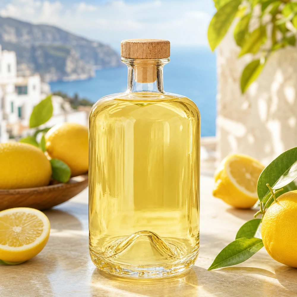 Botella de cristal Sofía de 700 ml con tapón de madera llena de licor de limón amarillo en un ambiente costero mediterráneo con limones
