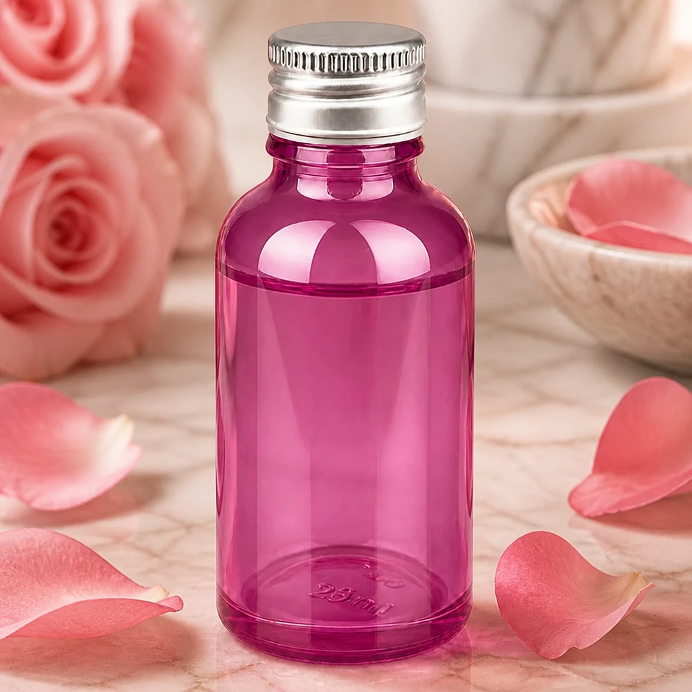 Frasco pequeño de vidrio de 30 ml con rosca de 11 mm y tapón de rosca plateado en color morado