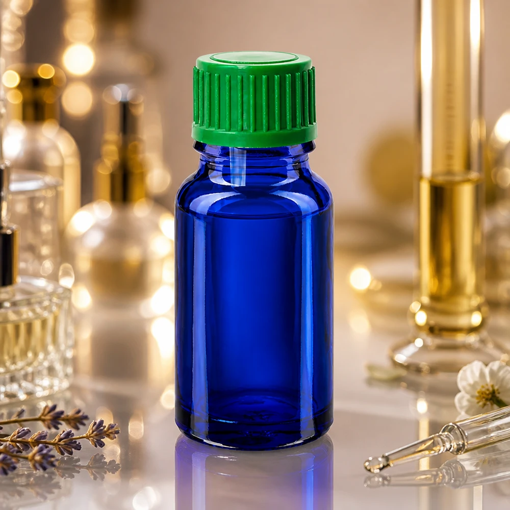 Frasco de vidrio azul de alta calidad de 10 ml con tapón verde para un almacenamiento seguro