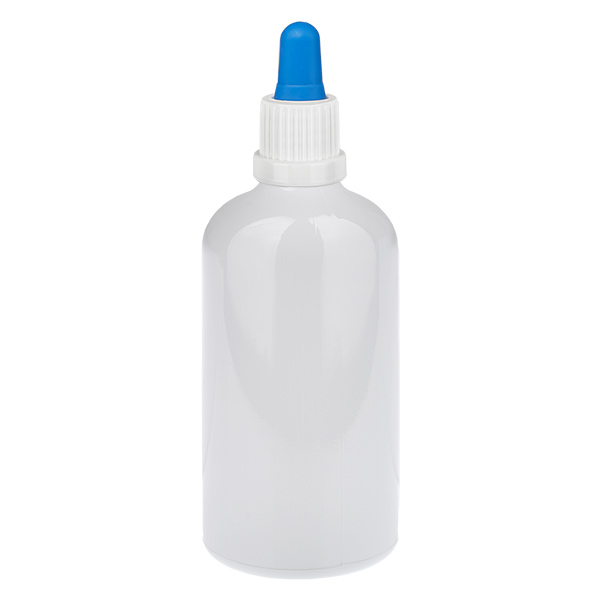 Frasco con pipeta de 100 ml blanco/azul, tapón de seguridad WhiteLine UT18/100