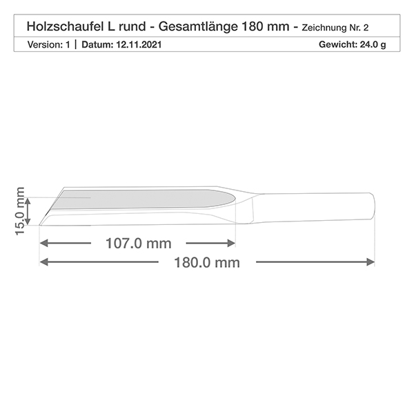 Pala de madera tamaño L forma plana - 180mm de largo Dibujo detallado de la pala de madera L con dimensiones 107mm Hoja de la pala 180mm Longitud total 15mm Altura Especificación del producto