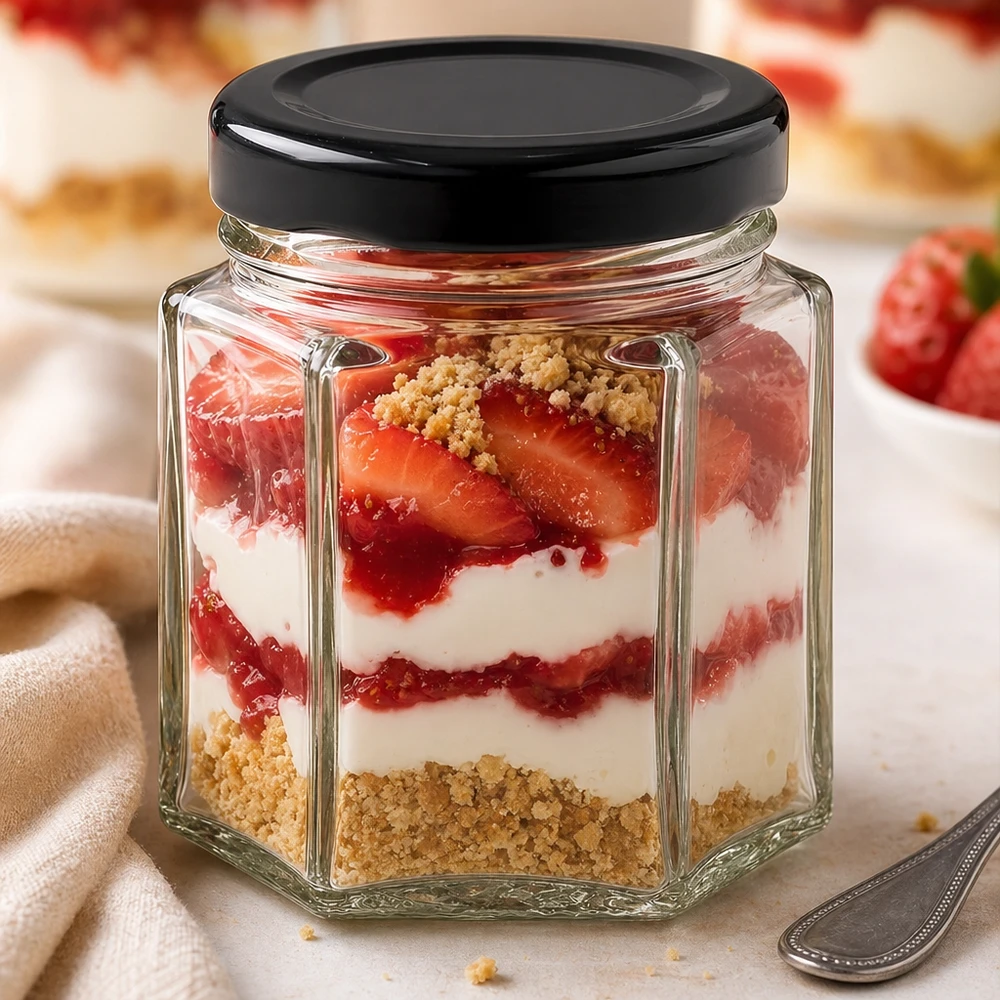 Vaso hexa de 47 ml con tapa negra como vaso de postre con un postre de capas de fresas, nata y migas de galleta