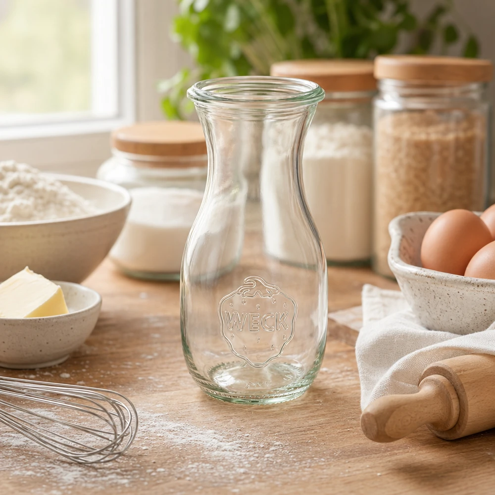 Botella de zumo WECK 290ml RR60 sobre una mesa de madera entre ingredientes de repostería como huevos, harina y utensilios de cocina en un ambiente cálido.