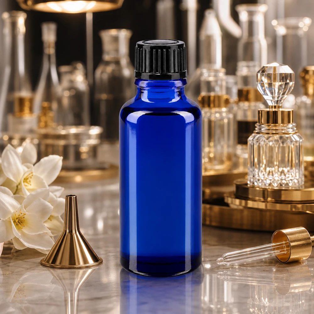 Frasco cuentagotas STD de 30 ml en color azul real con abertura de precisión de 1 mm, junto a un embudo dorado y una jarra de cristal