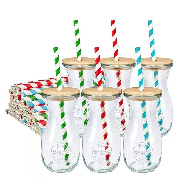 6 x WECK 290ml Saftflasche RR60 mit Holzdeckel und 100 Öko S 6 botellas de zumo WECK de 290 ml con tapa de madera y pajitas de papel ecológico de colores juego de botellas de vidrio a rayas verde rojo azul