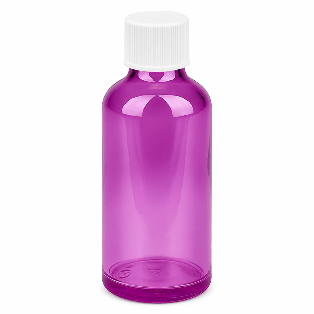 Frasco de 50 ml con tapón de rosca de 11 mm blanco estándar PurpleLine UT18/50 Frasco de vidrio de 50 ml en violeta con tapón de rosca blanco para cosméticos y productos farmacéuticos