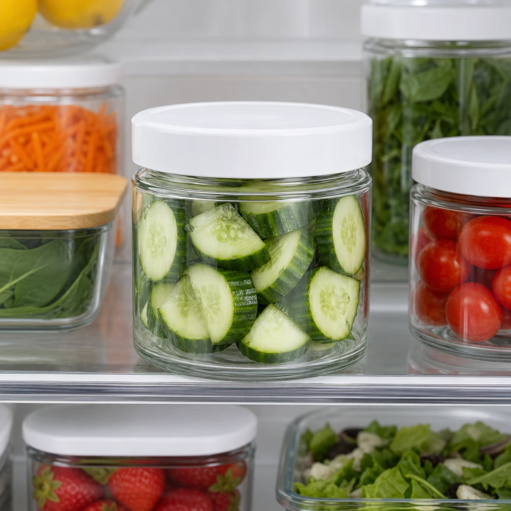 Tarro redondo 135ml + tapa BasicSeal blanco profundo UNiTWIST Tarro redondo de 135 ml Tapa BasicSeal blanca Frigorífico Meal Prep Pepino en rodajas Conservación de verduras Mantener fresco