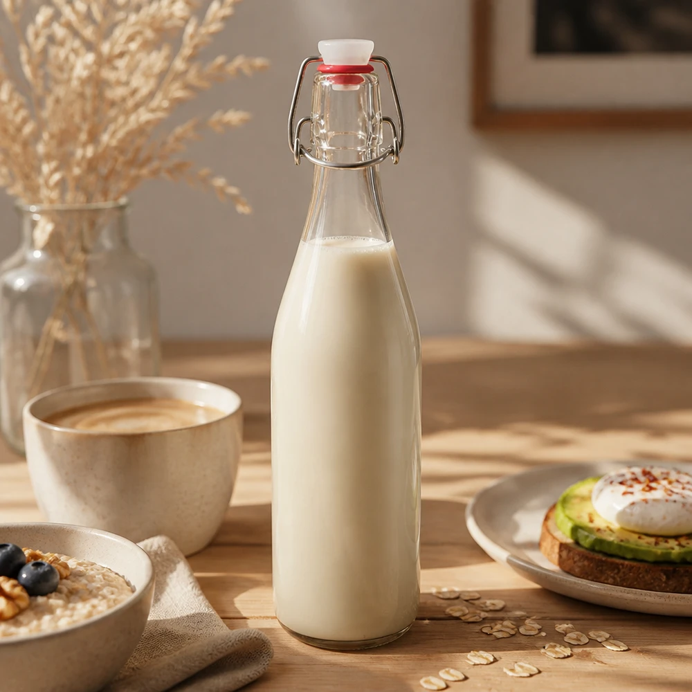 Botella de vidrio de 500 ml + tapa abatible de PVC UNiTWIST Botella de cristal de 500 ml con tapa abatible rellena de leche de avena ambiente cálido desayuno leche vegetal sustituto de la leche