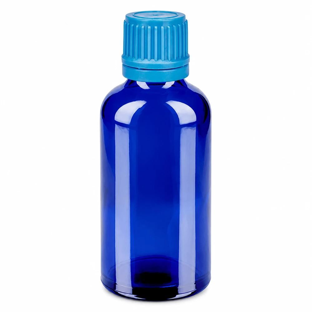 Frasco 50ml 11mm tapón rosca azul BlueLine UT18/50 Botella de cristal azul de 50 ml con tapón de rosca de 11 mm para aplicaciones de goteo