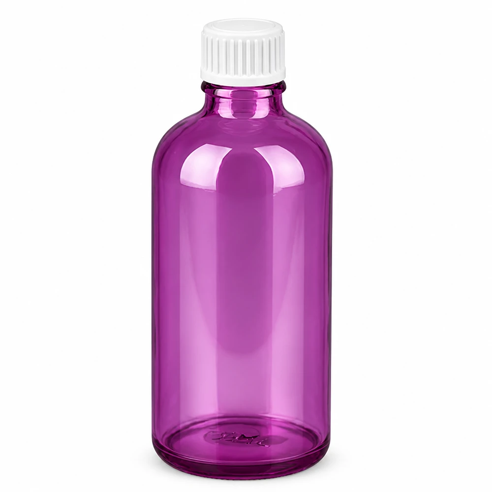 Frasco de 100 ml (glóbulo) Anillo vertedor de 3 mm blanco PurpleLine estándar. UT18/100 Botella de vidrio de 100 ml de color morado con tapón de rosca blanco UT18 para cosméticos y productos farmacéuticos