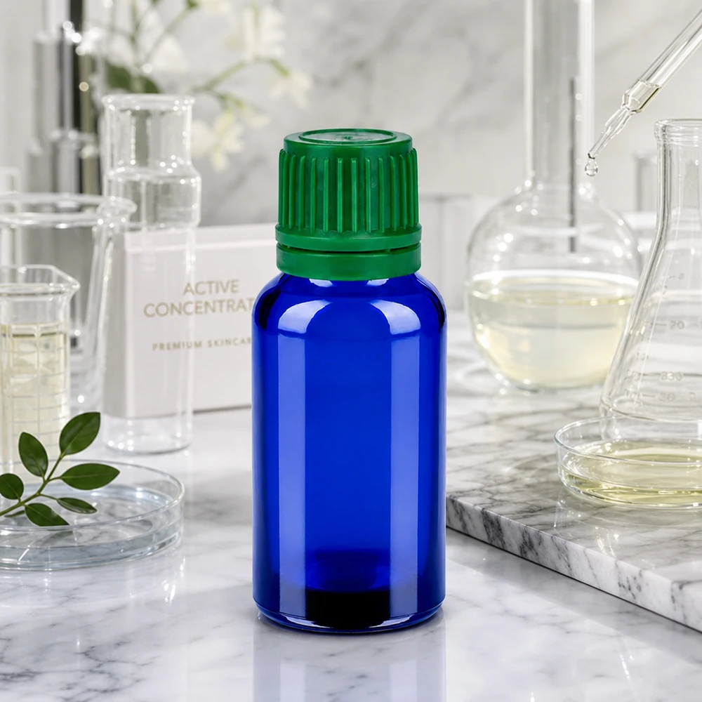 Frasco compacto de 20 ml con tapón inviolable verde para laboratorio e industria cosmética