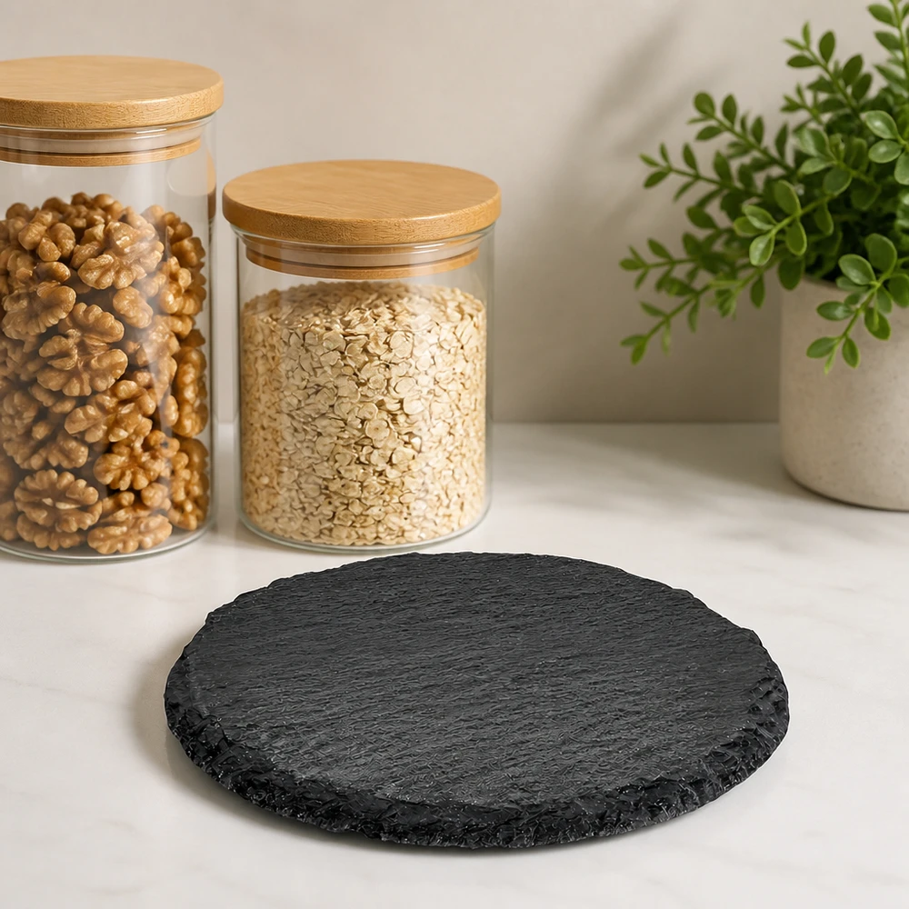 Plato redondo de pizarra de 15 cm de diámetro sobre una encimera de cocina blanca junto a tarros con frutos secos y avena
