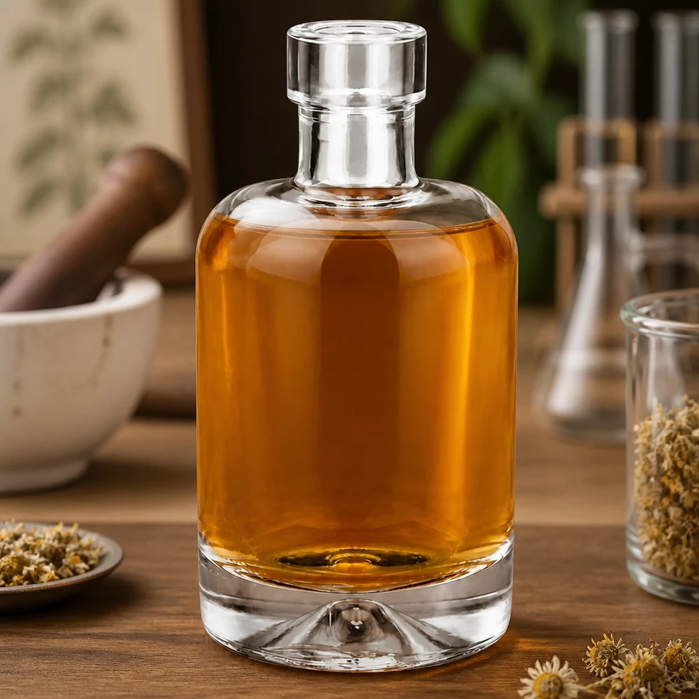Botella de cristal Amelie de 50 ml llena de elixir de hierbas de color ámbar sobre una mesa de madera decorada con manzanilla y especias.